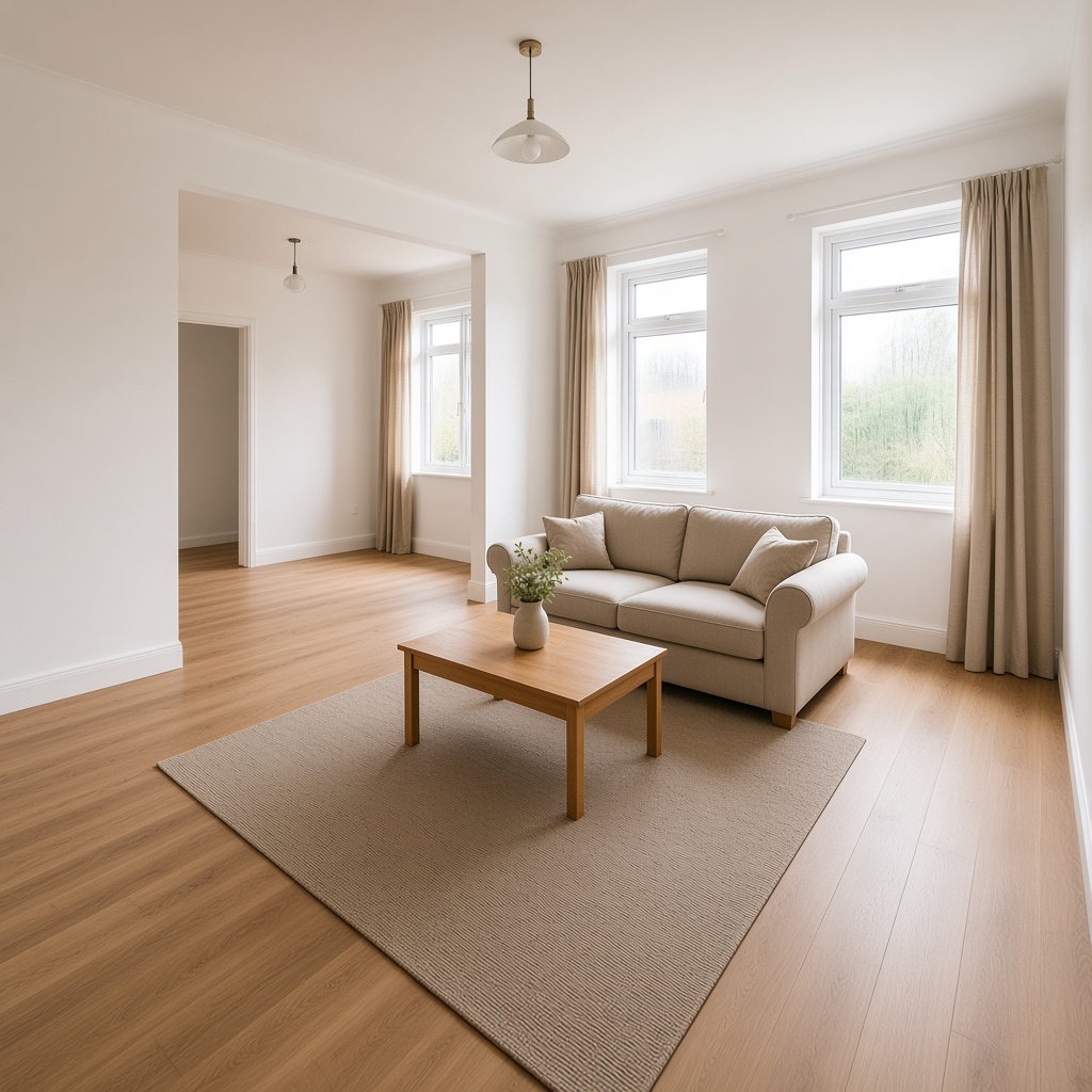 Restored living room after flood damage repair